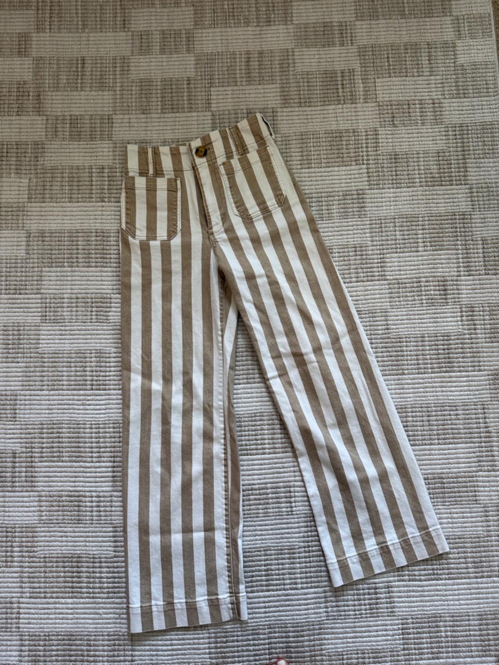 Rare! Maeve Colette Vertical Stripe Cropped Wide-Leg Pants in Tan & White - Picture 3 of 5
